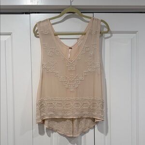 Free People sheer Embroidered Tank Top with cream beads